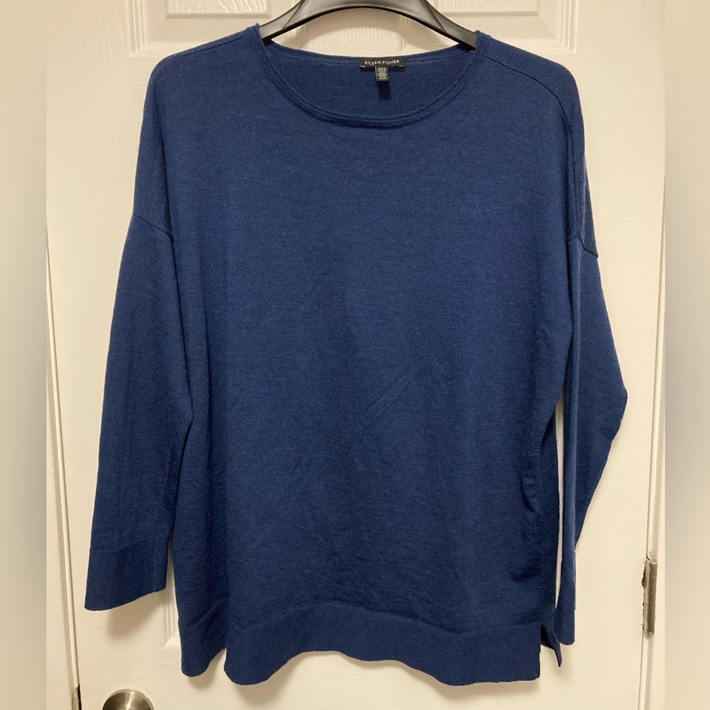 Eileen Fisher Margot Women's Navy Two Tone 100% Merino Wool Sweater #K